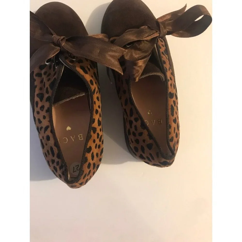 Baci Kids Leopard Print Suede Ribbon Lace Oxfords Brown Size 27 us 10 girls